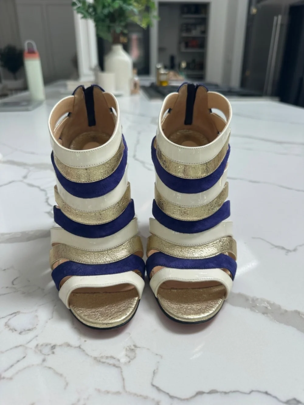 Christian Louboutin Purple/White/Gold Open-Toe Bootie Heel 36 Sz